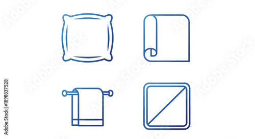 Four household textile icons display bedroom and bath.