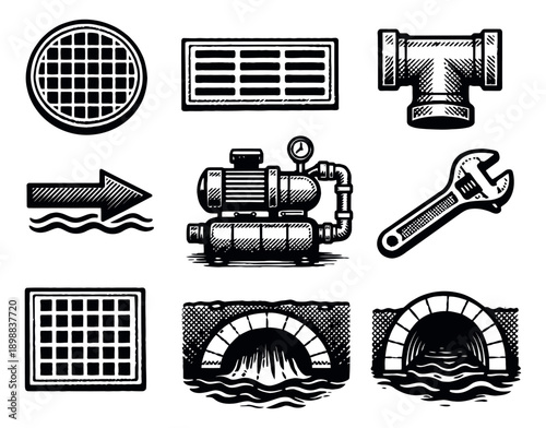 Hand drawn line art plumbing and drainage elements set featuring grates, pump, pipes, and tunnels for urban utility designs