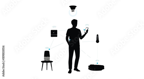 Smart home automation system with voice control, man controlling devices with smartphone in modern interior, smart home technology, voice assistant, home automation, iot, connected devices