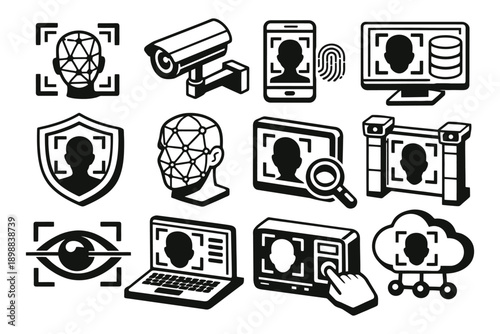 Icon set of facial recognition and security technology.