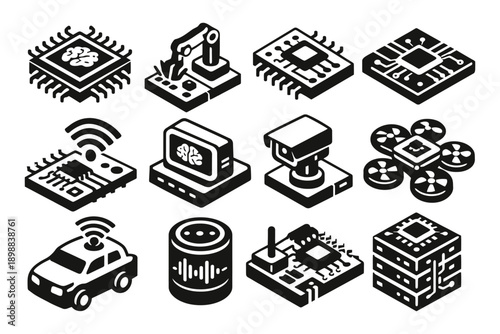 Isometric icons of ai integrated technology and smart devices.