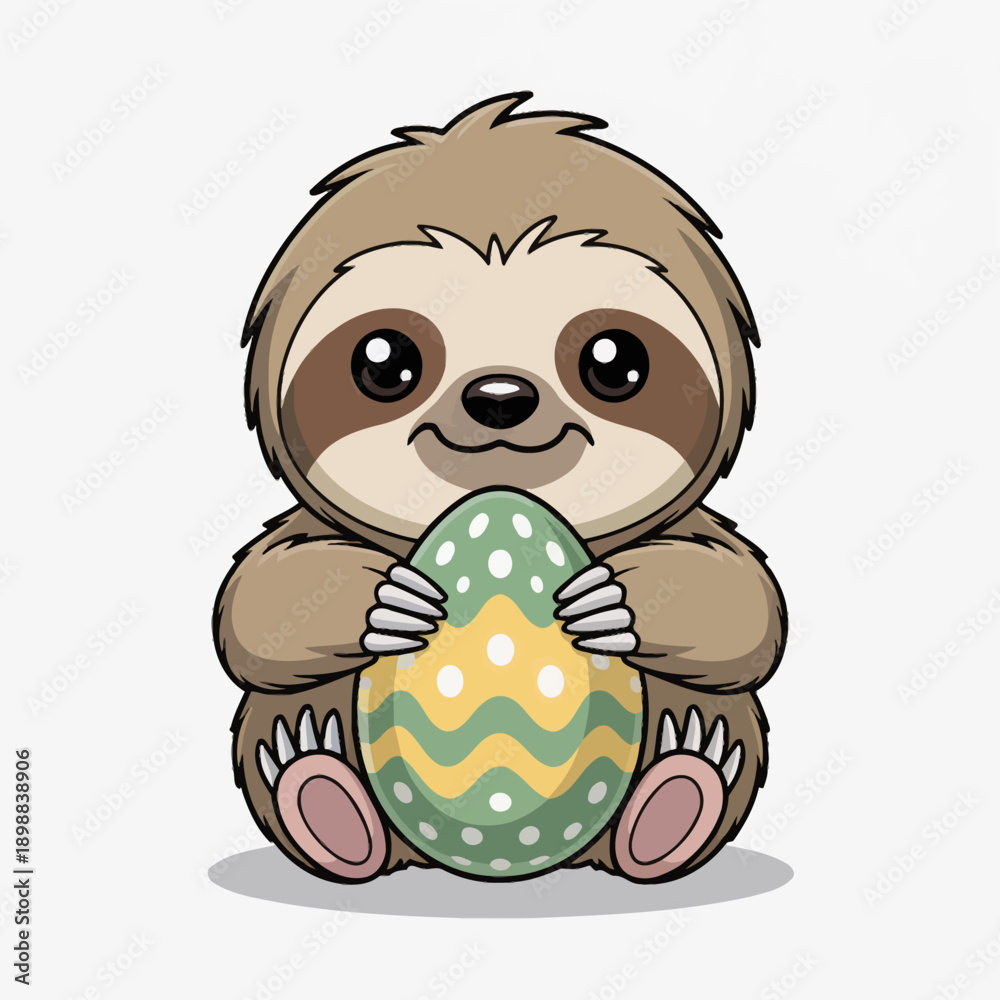 Obraz premium A cheerful sloth is holding a colorful Easter egg with a zigzag pattern.