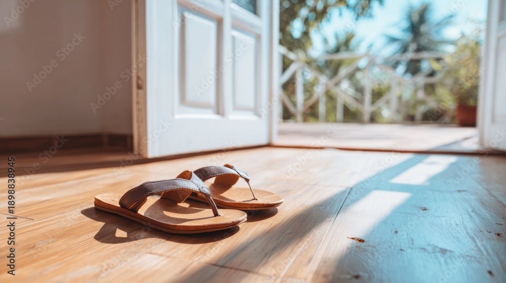 Naklejka premium Brown sandals waiting by an open balcony door, sunlight warming the wooden floor and creating a welcoming leisure scene