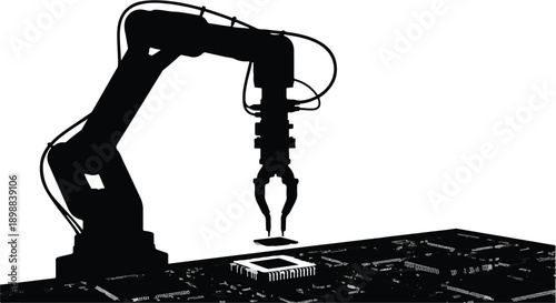 Industrial robotic arm assembling electronic components on circuit board in factory automation process with black silhouette