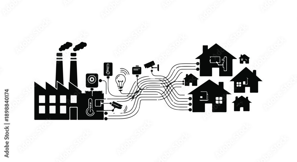 Obraz premium Sustainable energy concept with industrial factory and residential area, renewable power distribution, eco-friendly technology, green innovation, urban planning