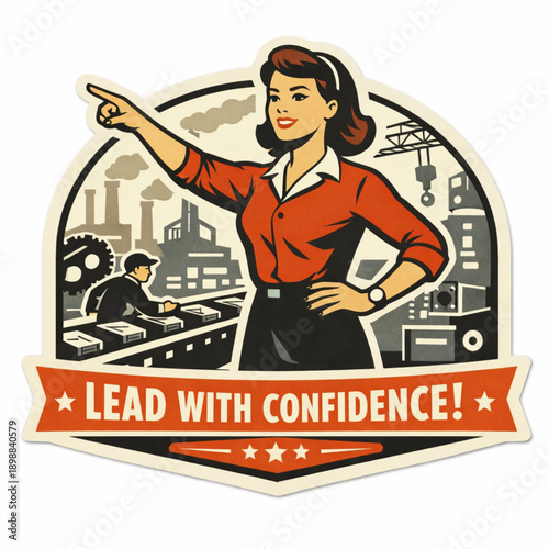 Retro Flat Vector Sticker of Woman Supervising Factory Floor with Confident Leadership and Industrial Responsibility