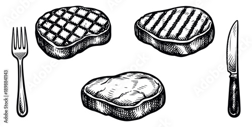 Hand drawn line art steak set featuring grilled meat, a raw cut, fork, and knife for restaurant menus