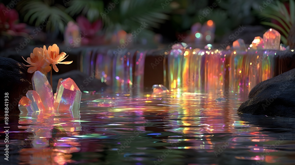 Fototapeta premium A Colorful Waterfall with Crystal Formations and a Flower