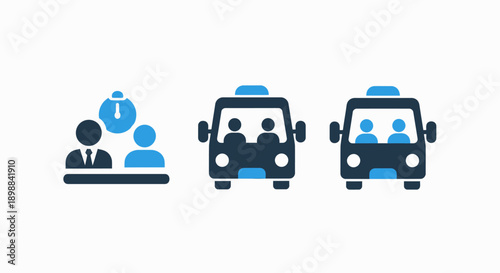 Transportation and waiting icons: Business meeting with timer, and two buses with passengers. Representing public transport and scheduling.