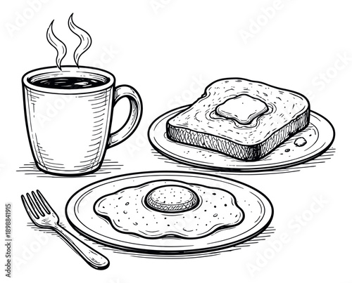 Hand drawn line art breakfast food set featuring a steaming coffee mug, toast with butter, a fried egg, and a fork for morning dining
