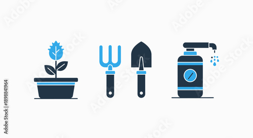 Gardening and Plant Care Icons: Potted Plant, Trowel and Fork, and Fertilizer Bottle for horticulture, botany, and home gardening.