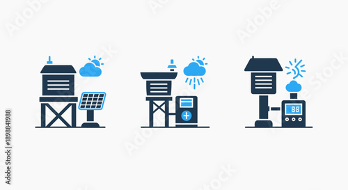 Weather Station Icons: Solar Powered Station, Rainfall Monitoring, and Digital Weather Display for meteorology, climate data, and forecasting.