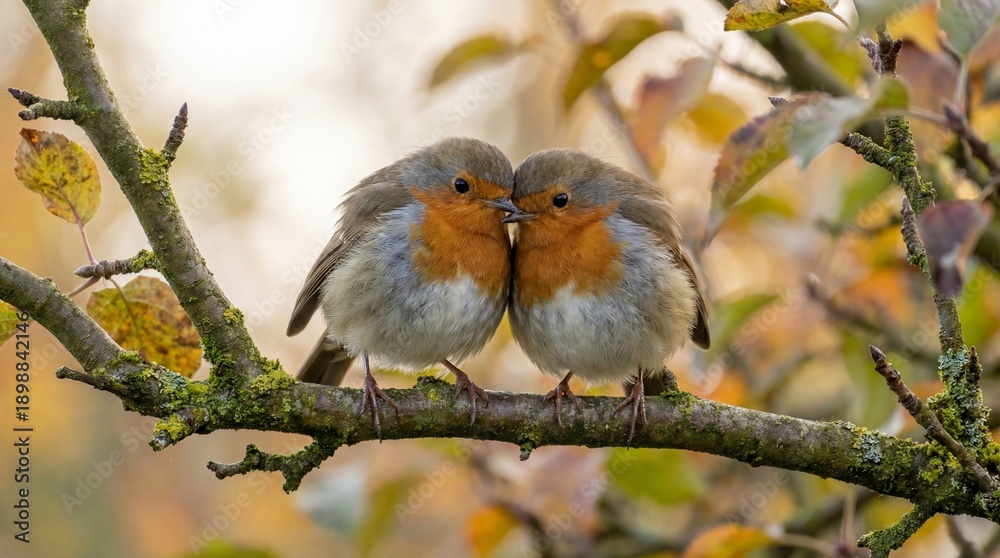 Fototapeta premium Two Birds Sitting Together on Branch Symbolizing Love