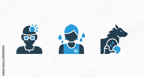 Person and animal icons: Miner with lamp, sweaty person, and sweating horse representing work, exertion, and physical effort.