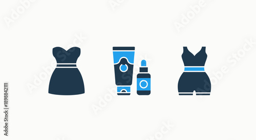 Fashion and beauty icons: Cocktail dress, skincare bottles, and swimsuit representing clothing, cosmetics, and apparel.