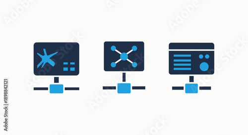 Computer network icons: Broken screen, connected nodes, and webpage interface symbolizing system errors, networks, and data display.