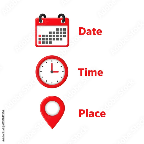 A set of icons for date time and place isolated on transparent background