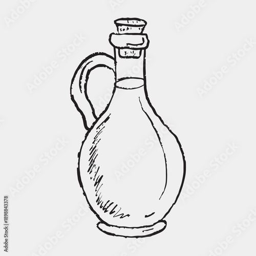 Hand drawn glass bottle for vinegar or oil. Vector sketch illustration in vintage crayon charcoal style. Cooking equipment, olive oil.