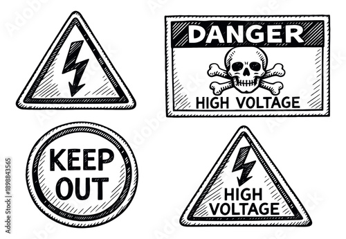 Hand drawn line art danger signs set featuring high voltage symbols, skull and crossbones, and keep out text for hazardous areas