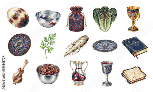 Jewish Passover Pesach watercolor design elements set