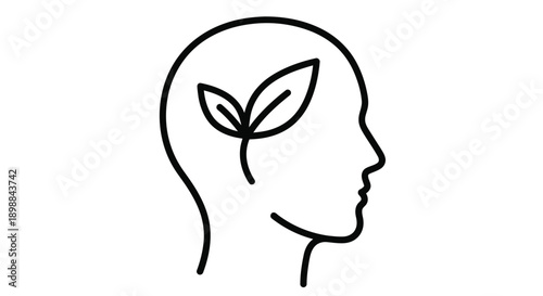 A line drawing depicting a human head in profile with a plant growing inside