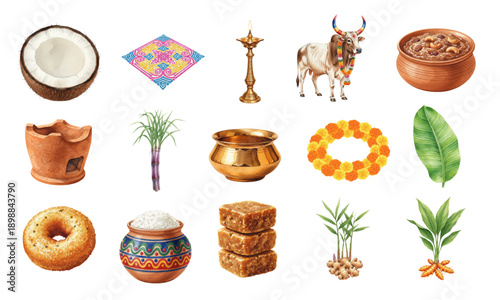 Indian Pongal and Makar Sankranti watercolor design elements set