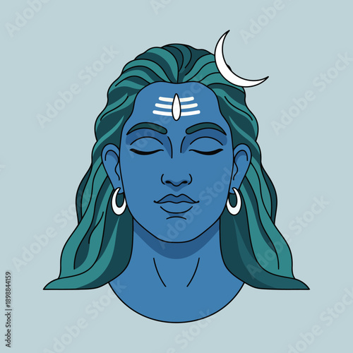 Lord Shiva Calm Face Vector Illustration, Minimal Hindu God Meditation Artwork