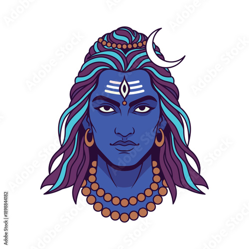 Powerful Lord Shiva Face Vector Illustration with Rudraksha, Hindu God Artwork