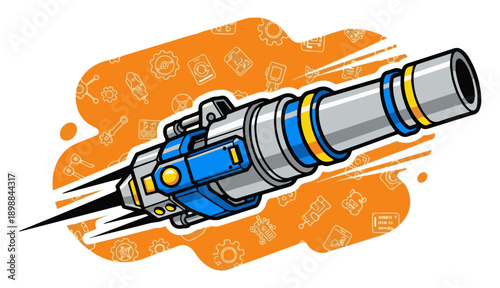 Futuristic ray gun illustration with vibrant colors and dynamic design