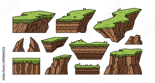 Cartoon cliff edges with grass and rock formations
