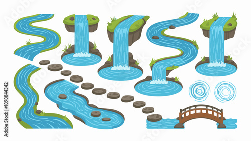 Cartoon waterfall and river elements with bridge and stepping stones