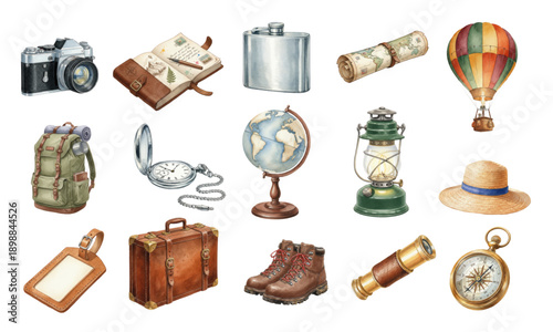 Watercolor vintage travel and adventure equipment set