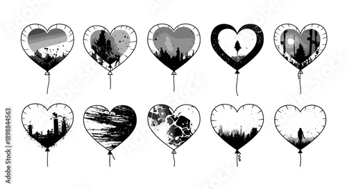 Collection of black and heartshaped balloons with various designs