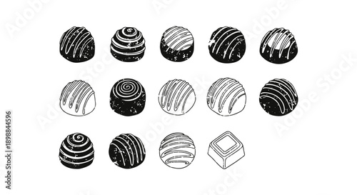 Set of 16 black and textured spherical objects with patterns