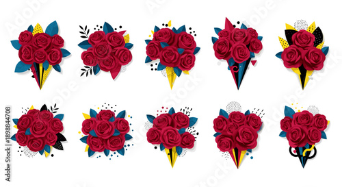 Collection of red roses with green leaves arranged in bouquets