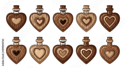 Set of wooden heartshaped bottles with cork stoppers