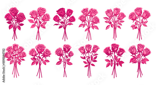 Set of pink floral illustrations with detailed petal and leaf designs