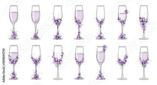 Set of twelve elegant champagne glasses with floral decorations