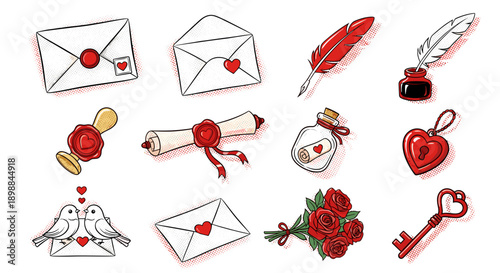Collection of romantic love symbols including hearts and letters