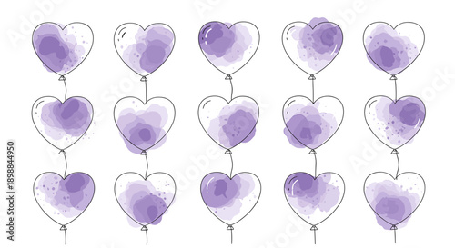 Collection of purple heartshaped balloons floating