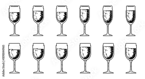 Set of twelve champagne glasses filled with sparkling wine