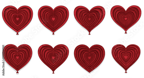 Set of eight red heartshaped balloons with swirling patterns
