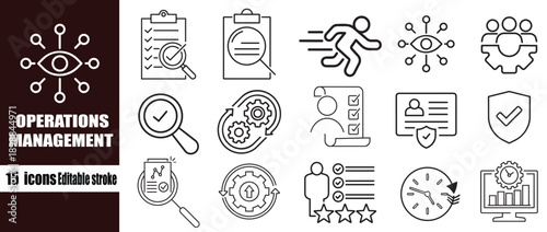 Operations management web icons set in clean line style showing logistics, business process, maintenance, supply chain, planning, collection, and continuous improvement with editable stroke vector 