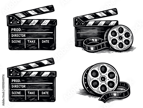 Hand drawn line art movie production elements set featuring clapperboards and film reels for filmmaking