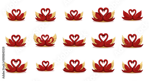 Set of twelve red and gold gift boxes with hearts and ribbons