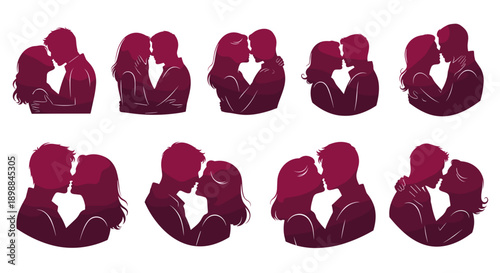 Set of nine silhouettes of couples in romantic and affectionate poses