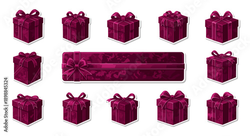 Collection of purple gift boxes with ribbons and bows for celebration