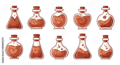 Collection of various glass potion bottles with different shapes and designs