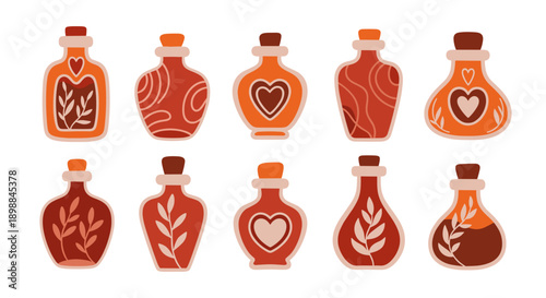 Collection of decorative ceramic bottles with heart and stripe designs