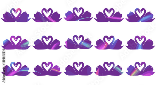 Set of purple heartshaped icons with floral design elements